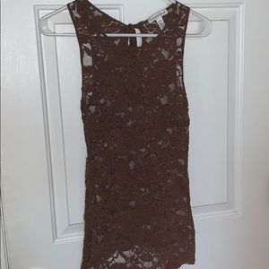 Brown lace see through tank with tie back